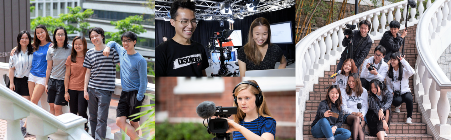 Collage of 1. group of students smiling 2. students working with camera equipments