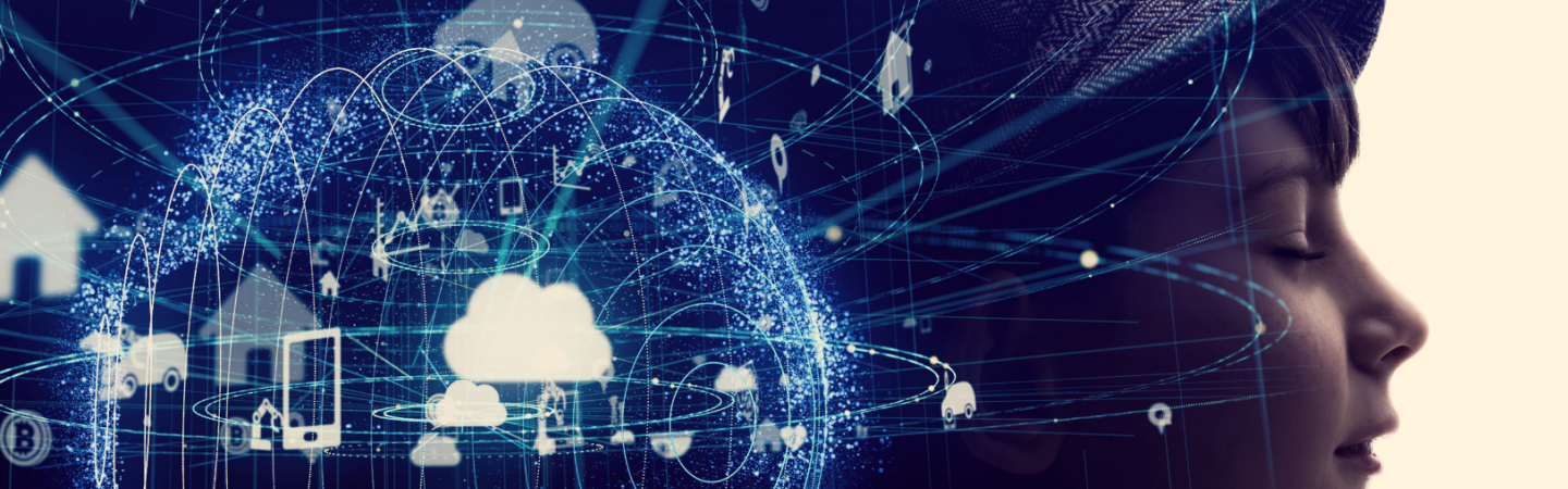 Animated graphic with (left) globe formed by technology symbols and lines (right) side view of a face