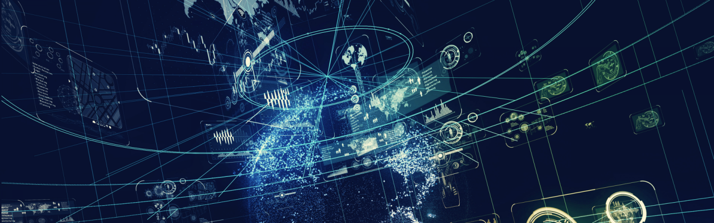 Animated diagram with futuristic globe, data, world map, graphs