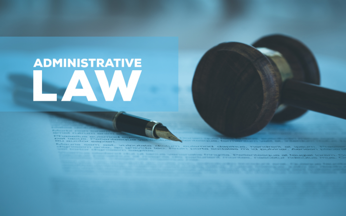 Watermark of text "Administrative Law" in front of a gavel and a pen