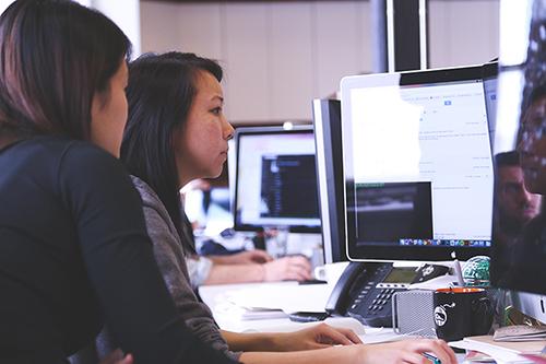 Two people looking at a computer monitor