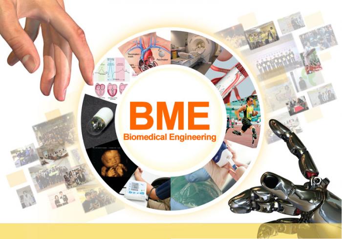 動畫文本“BME 生物醫學工程”，帶有藥丸、醫療設備、機器人小工具、生物圖的照片