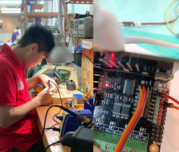 Collage of 1. Student working with gadgets 2. Electronic components