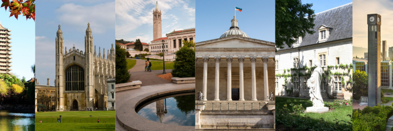 Collage of 1. Peking University 2. Cambridge University 3. UC Berkeley 4. University College London 5. Sciences Po 6. University of British Columbia 